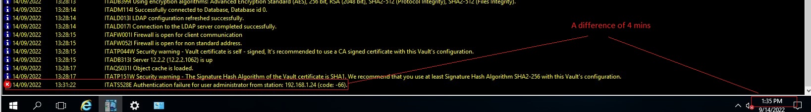 ltalog at vault server showing discrepancies in time against vault ...
