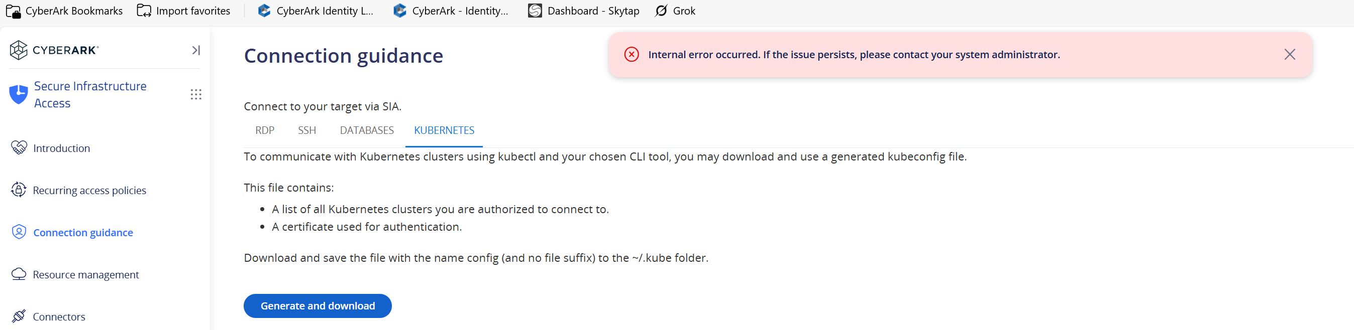 SIA Kubernetes error when trying to generate a kubeconfig file ...