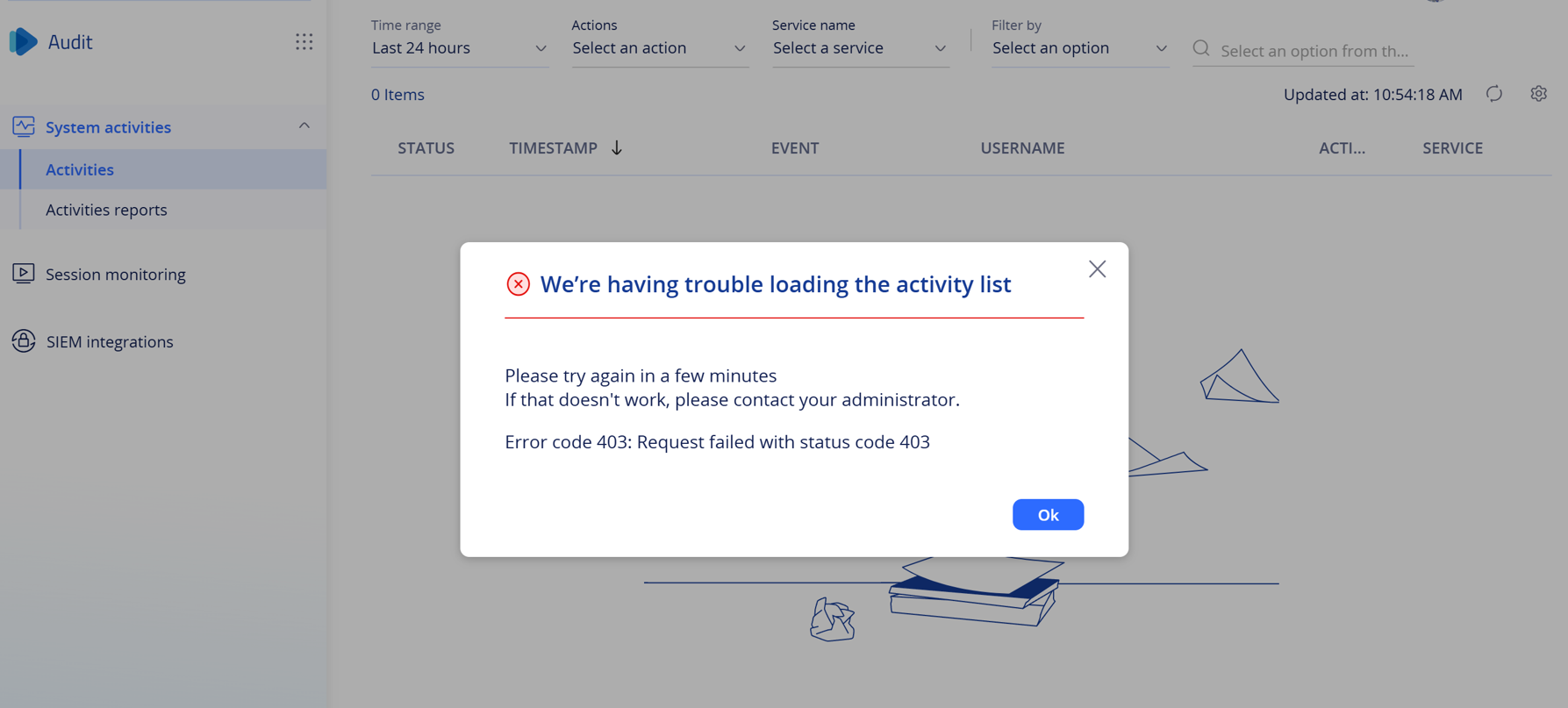 Audit - Error 403 trying to access System Activities and Session ...